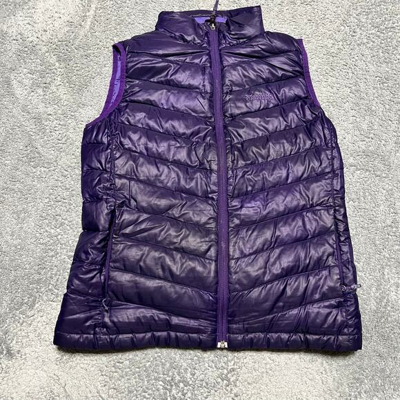 Marmot Down Puffer Vest Womens Medium 800 Fill Purple Jacket Full Zip Mock Neck - Picture 1 of 7